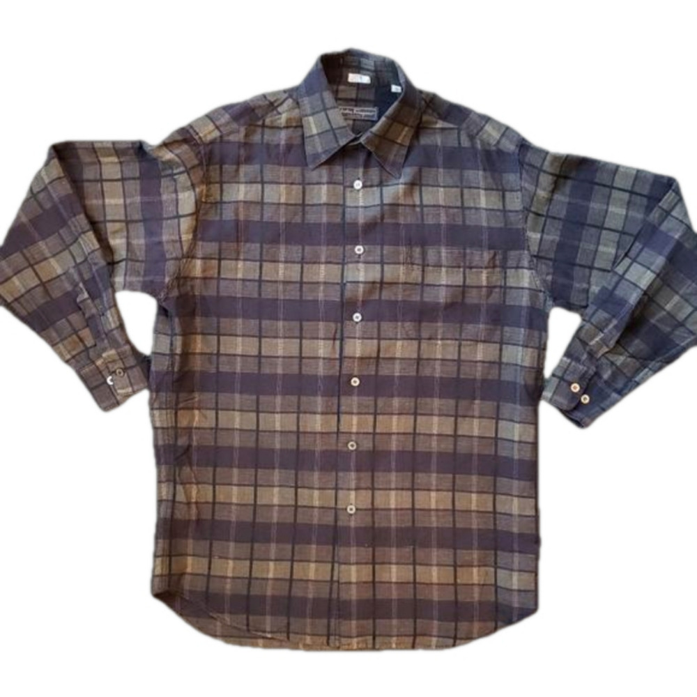 Salvatore Ferragamo Navy Green Plaid Linen Blend Button Down Shirt Sz S